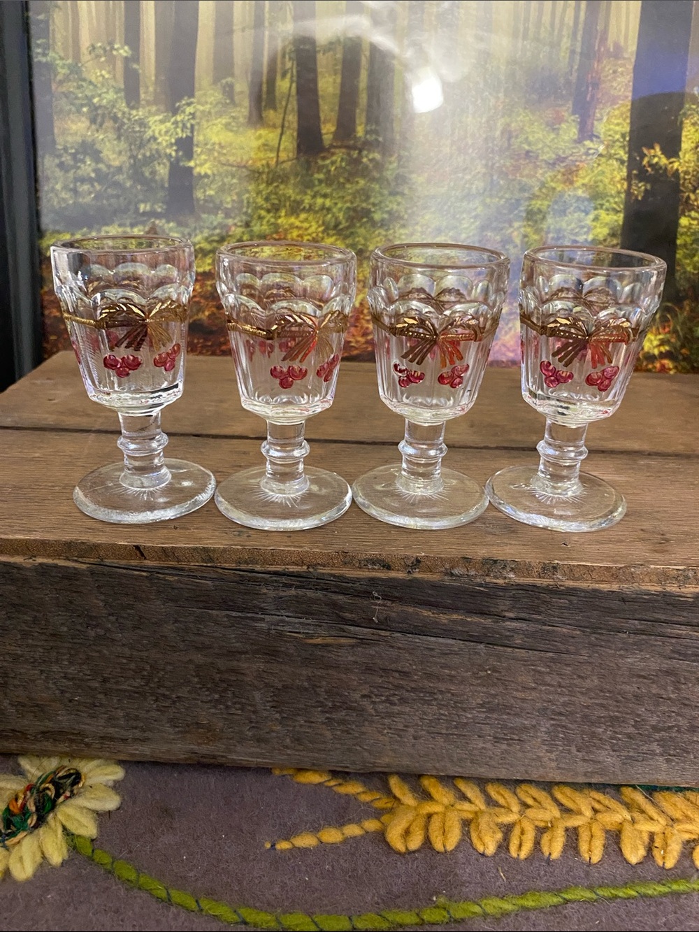 Vintage Mosser Hand-Painted Gilt Cherry Glass Cordial Set - Clear and Red